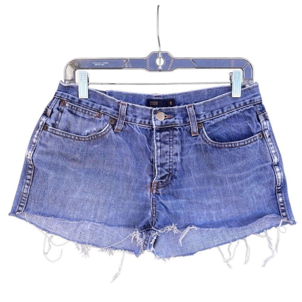 J. Crew Blue Jeans Cheeky Shorts Women Sz 8 Button Fly 5-Pockets Fringe Low Rise